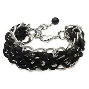 Avant Garde Black Silk Cord Silver Metal Chain Bracelet